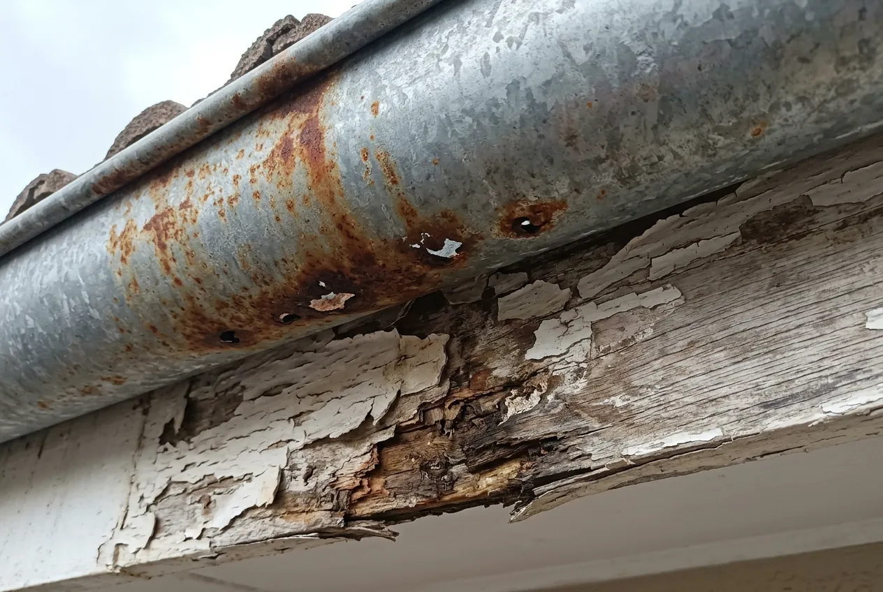 Old galvanised steel gutter with rust perforation along its underside, and the timber fascia board behind it showing peeling paint and rot