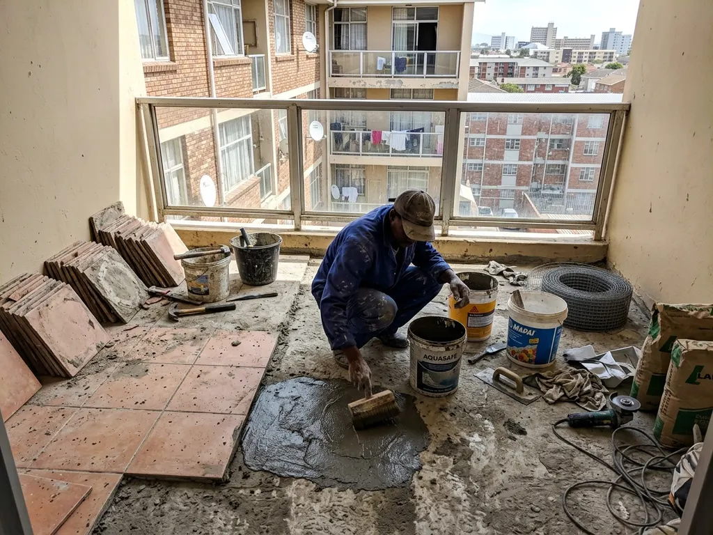 Liquid-membrane balcony waterproofing under tile bed on a Durbanville apartment terrace