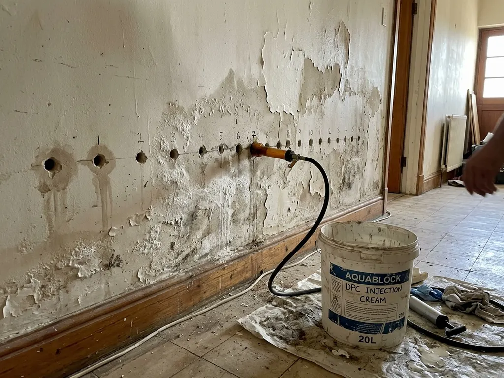 Damp proofing contractor injecting chemical DPC into a brick wall in a Northern Suburbs Cape Town home