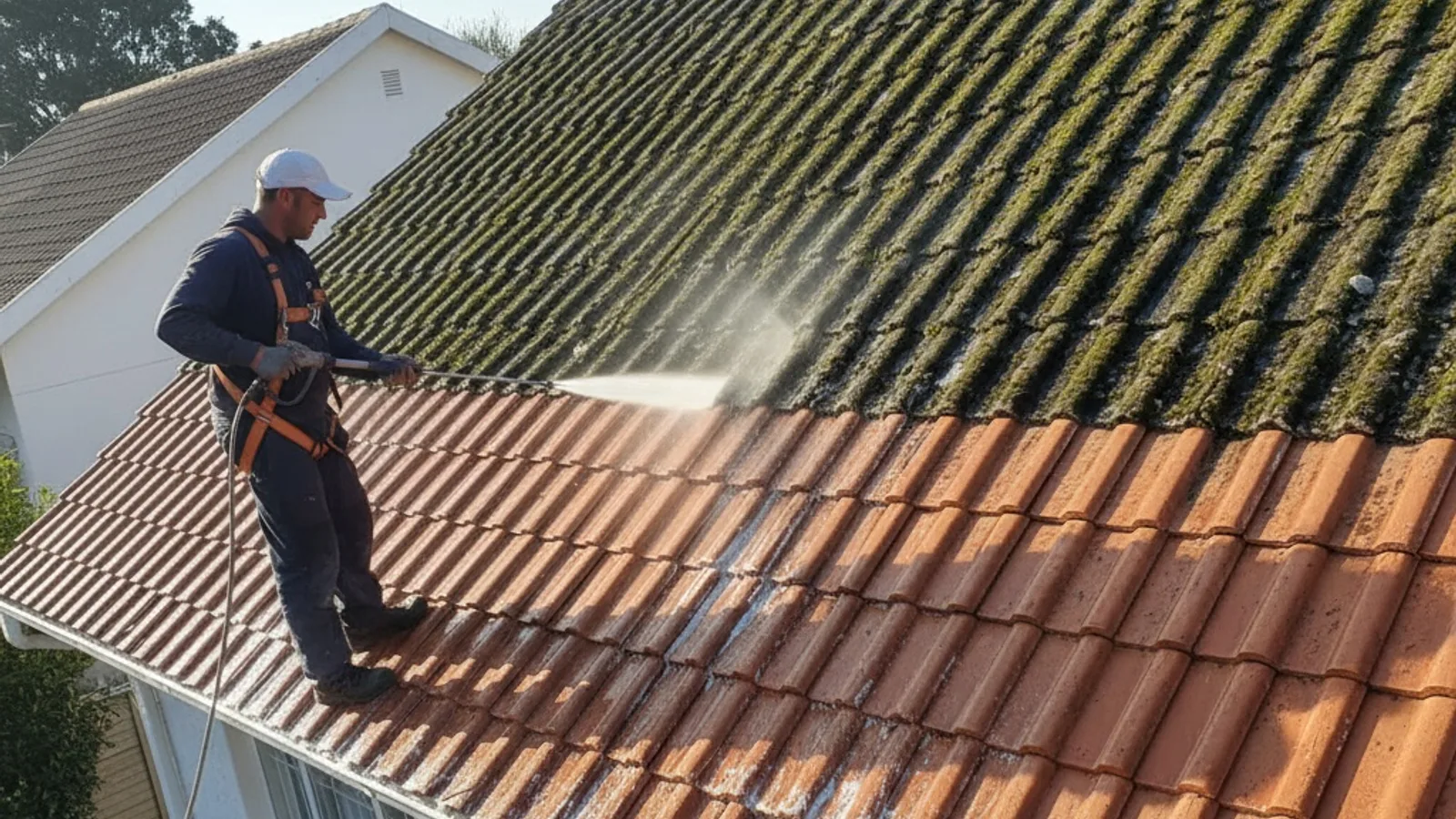 Pressure-washing moss and lichen from a Durbanville tile roof before waterproofing