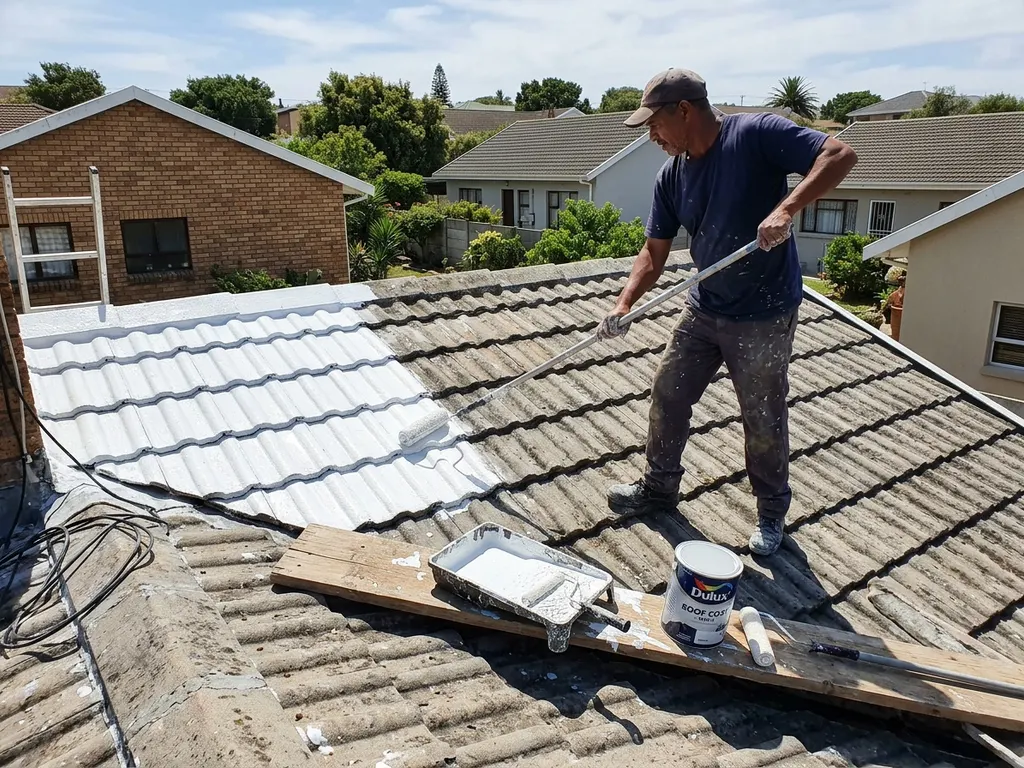 Acrylic roof coating applied to an IBR sheet roof in Cape Town, protecting against UV and wind-driven rain
