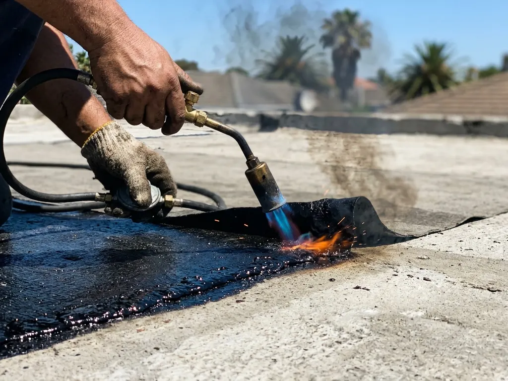 Vetted Durbanville roof waterproofing contractor applying torch-on bitumen membrane to a flat concrete roof