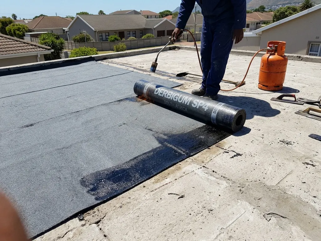 Approved applicator torch-fusing a Derbigum bituminous membrane onto a flat roof in the Northern Suburbs